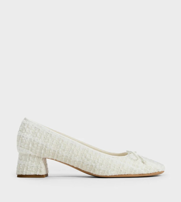 Tweed Bow Detail Round Toe Pumps