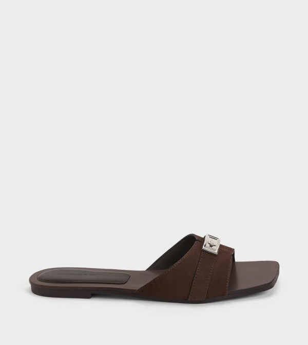 LANDO Metal Accent Faux Suede Flat Sandals