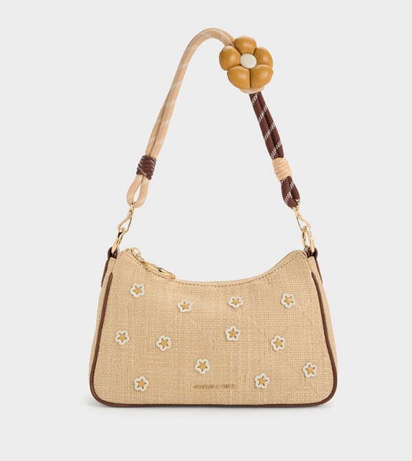 PHILOMENA Flower Appliqued Raffia Shoulder Bag