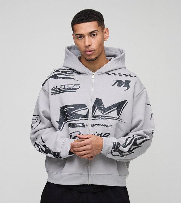 Moto Racing Print Zip-Through Oversized Hooded Jacket