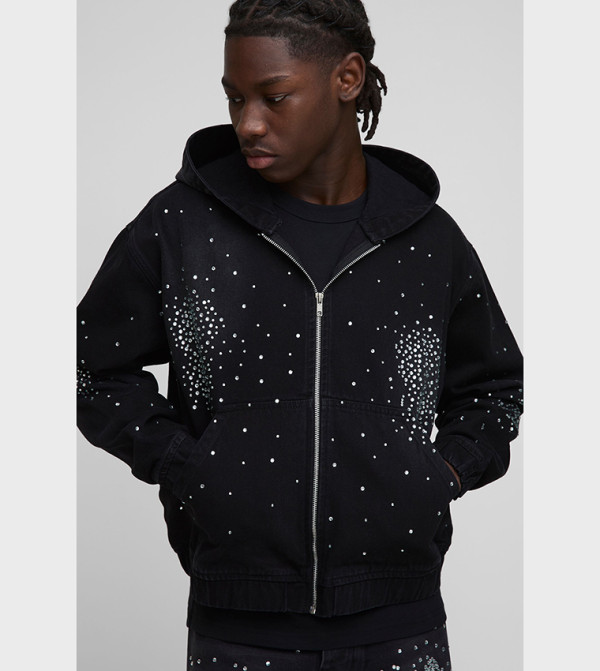 Boxy Rhinestone Washed Denim Jacket