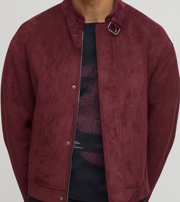 Faux Suede Buckle Collar Biker Jacket