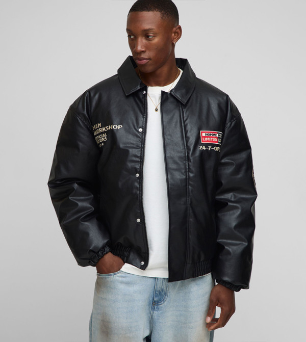 Oversized Fit Badge Applique Collared Bomber Jacket