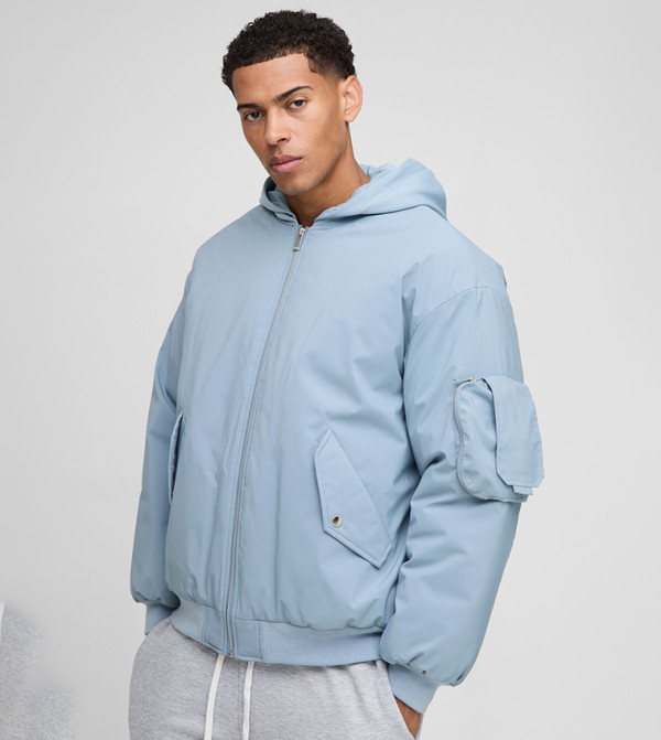 PU Applique Nylon Hooded Oversized Bomber Jacket