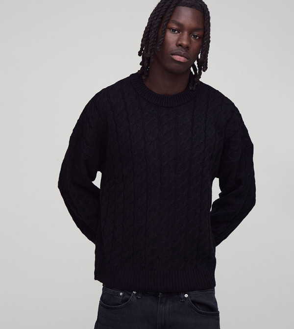 Cable Knit Boxy Fit Crew Neck Sweater