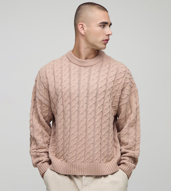 Cable Knit Crew Neck Boxy Fit Sweater