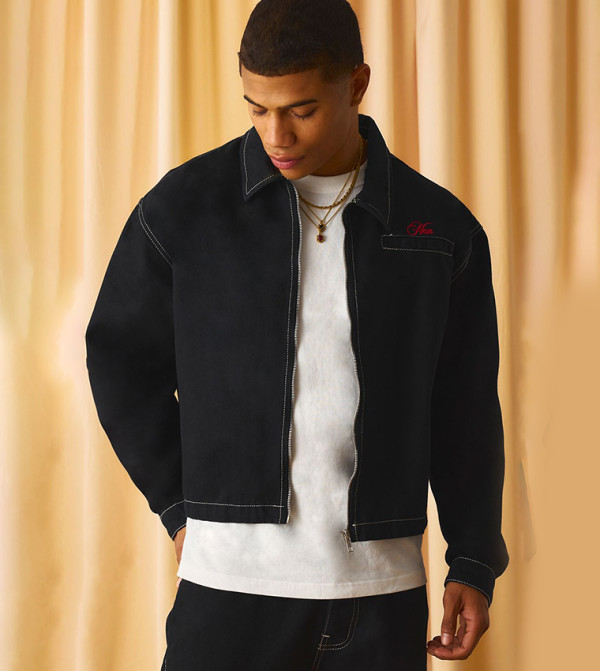 Contrast Stitch Embroidered Boxy Harrington Denim Jacket