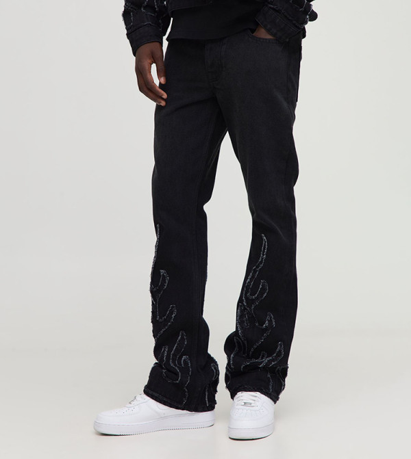 Flame Appliqued Stacked Slim Fit Flared Jeans