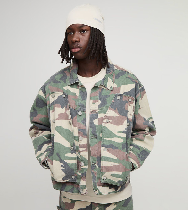 Camo Printed Carpenter Panel Regular Fit Denim Jacket