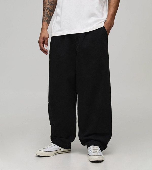 Balloon Fit Half & Half Waistband Washed Twill Trousers