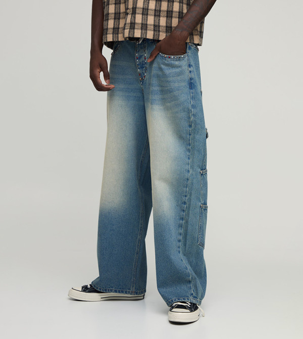 Embellished Trim Multi Pocket Baggy Fit Jeans