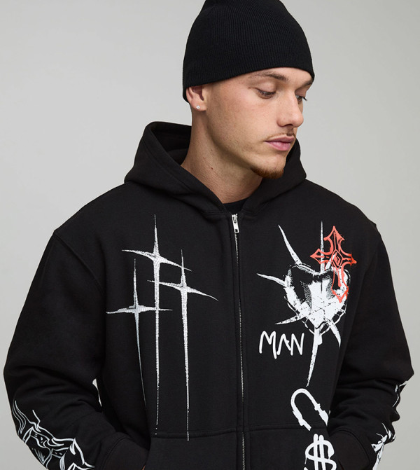Graffiti Tattoo Printed Zip Through Oversized Hooded Jacket