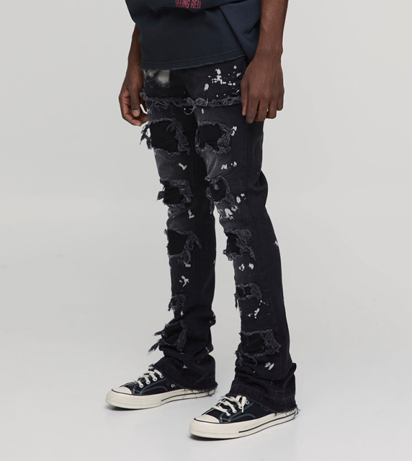 Stacked Skinny Extreme Frayed Paint Splatter Flared Jeans