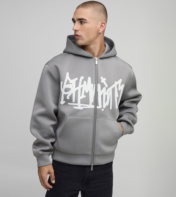 Graffiti Printed Bonded Scuba Oversized Hooded Jacket