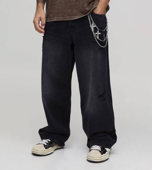 Washed Distressed Gothic Chain Detail Super Baggy Fit Jeans
