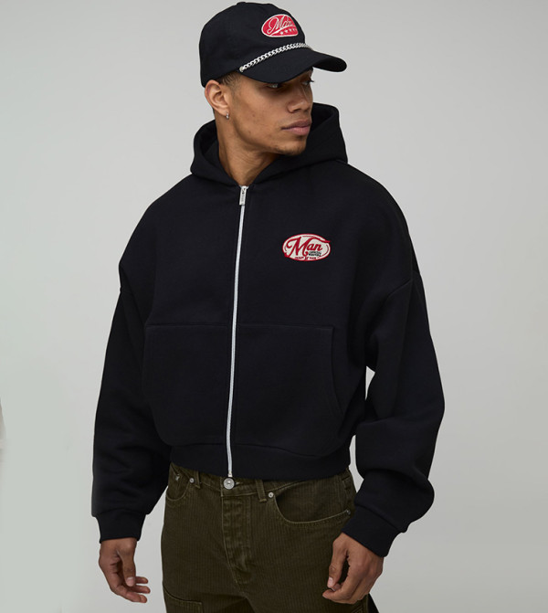 Western Applique Zip-Through Oversized Hooded Jacket