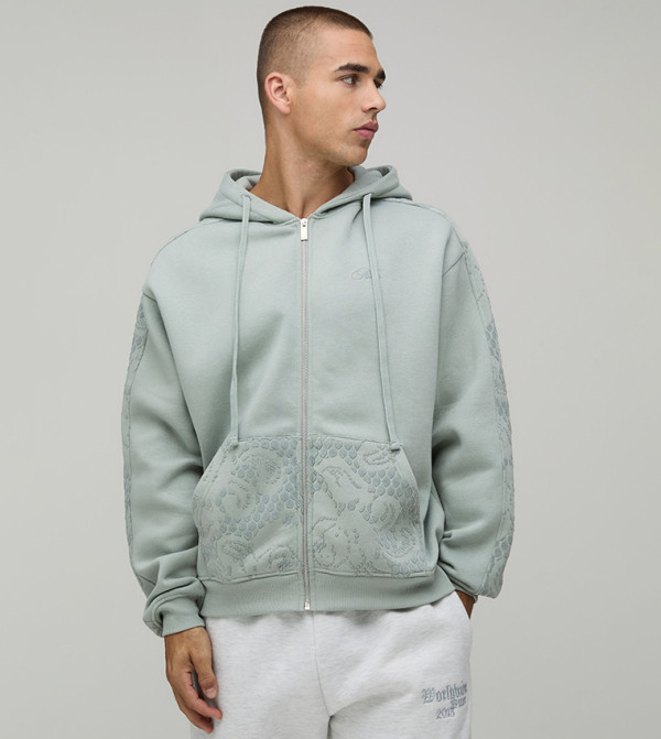Flocked Sleeves Zip-Through Oversized Hooded Jacket