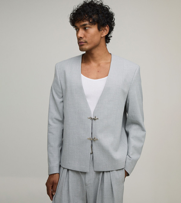Clasp Detail Collarless Oversized Blazer