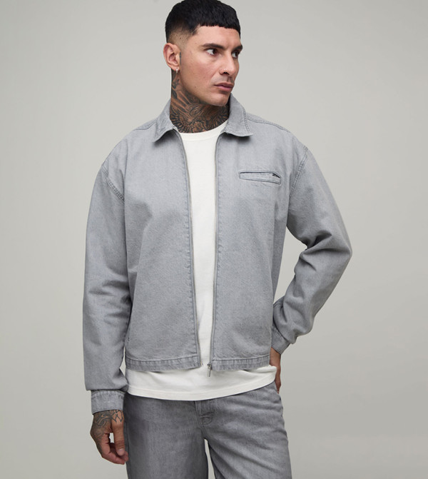 Plus & Tall Washed Boxy Denim Harrington Jacket