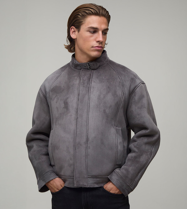 Faux Suede Buckle Collar Biker Jacket