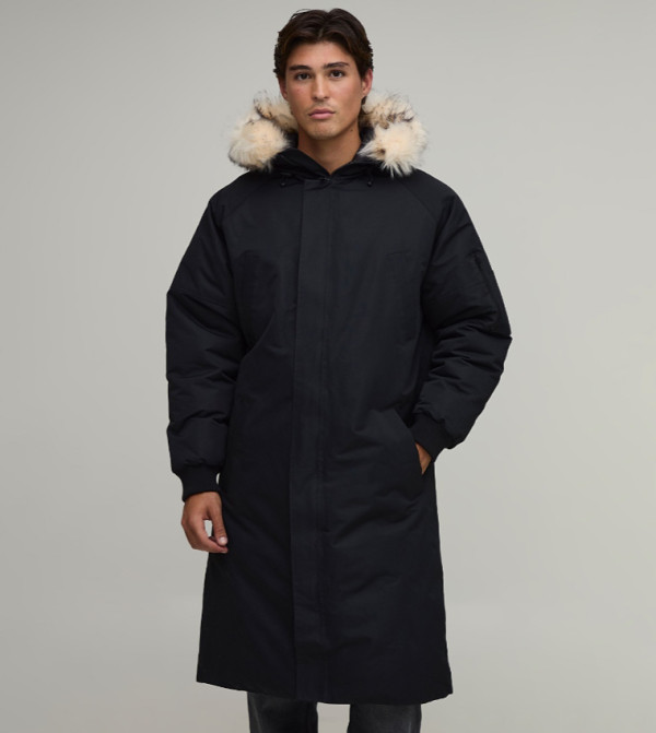 Regular Fit Hooded Longline Parka Jacket with Removeable Faux Fur Trim
