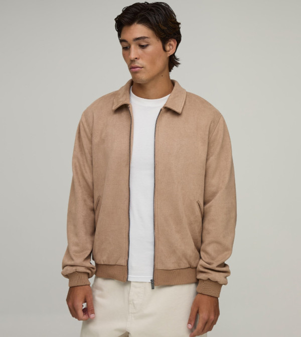 Faux Suede Regular Fit Harrington Jacket