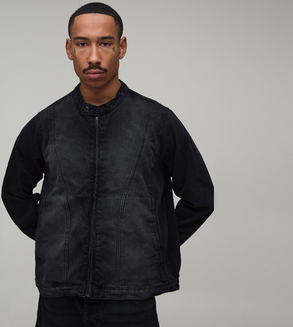 Washed Boxy Moto Denim Jacket