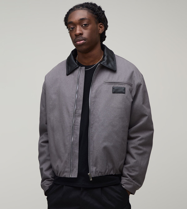 Contrast PU Collar Twill Oversized Worker Jacket