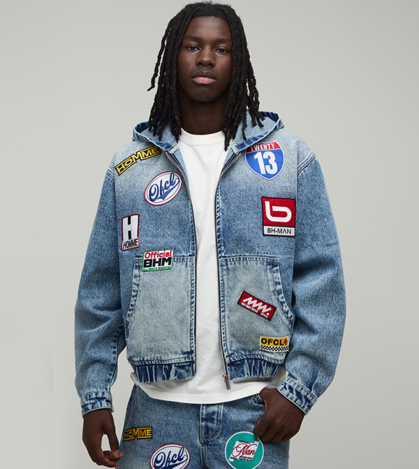 Moto Badge Boxy Denim Hooded Jacket