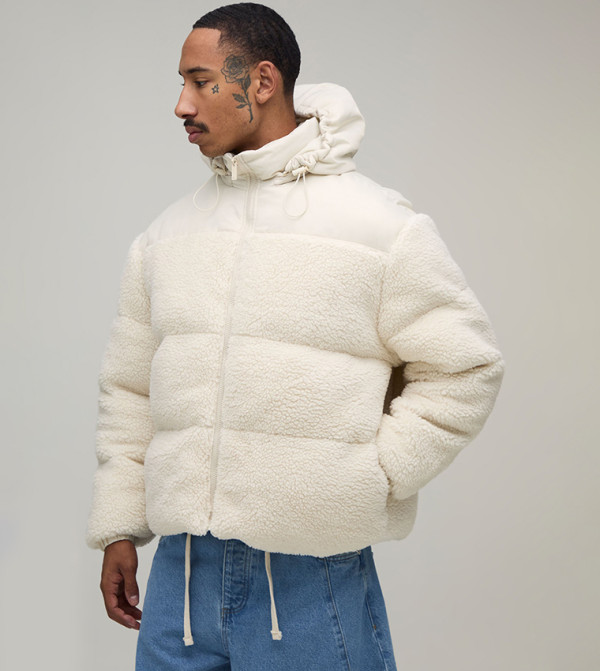Nylon & Borg Panel Boxy Fit Puffer Jacket