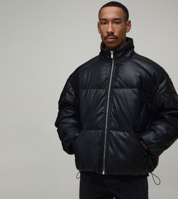 PU Paneled High Neck Boxy Puffer Jacket