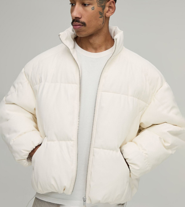 PU Paneled High Neck Boxy Puffer Jacket