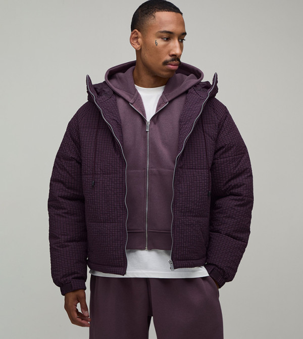 Plaid Regular Fit Hooded Puffer Jacket