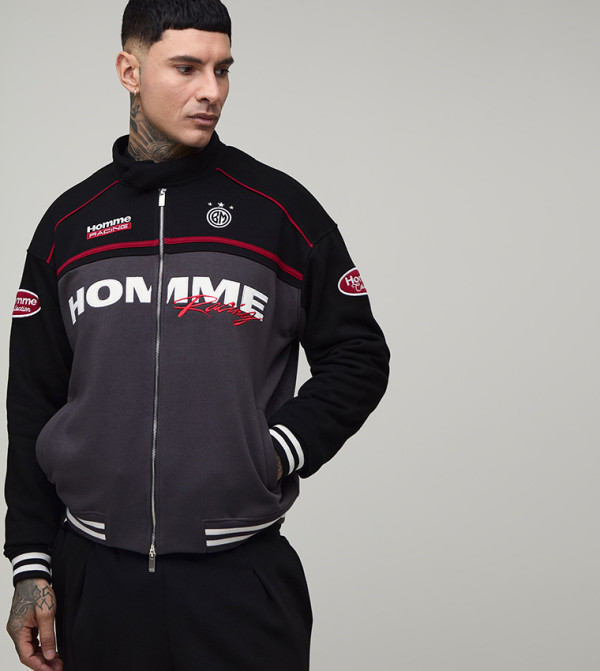 Tall Boxy Fit Biker Collared Color Block Moto Jersey Jacket