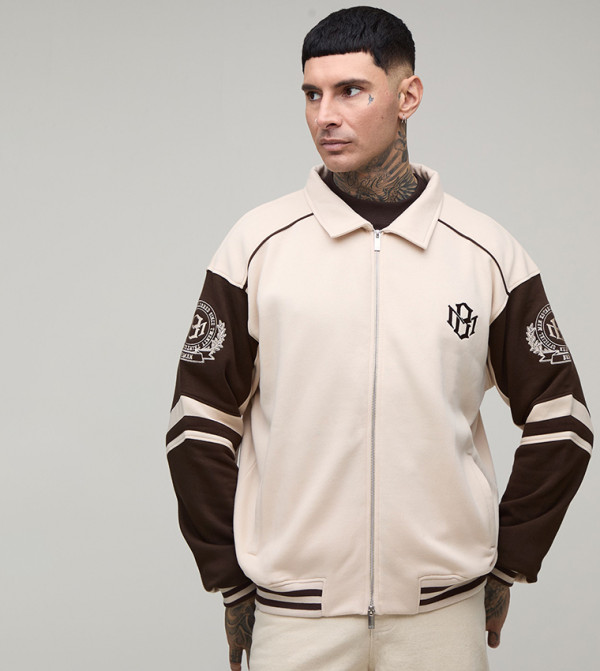 Tall Boxy Fit Collared Color Block Varsity Jersey Jacket