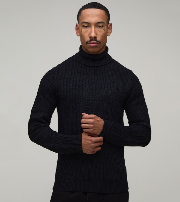Muscle Fit Ribbed Roll Neck Knitted Sweater