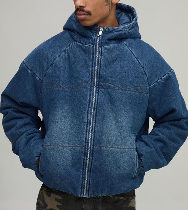 Washed Western Yoke Hooded Boxy Fit Puffer Denim Jacket