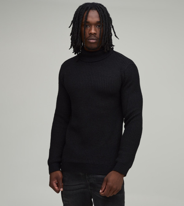 Tall Muscle Fit Ribbed Roll Neck Knitted Sweater