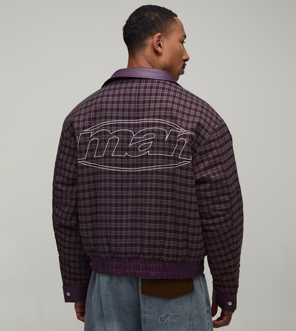 Plaid Boxy Fit PU Fireman Clasp Reversible Bomber Jacket