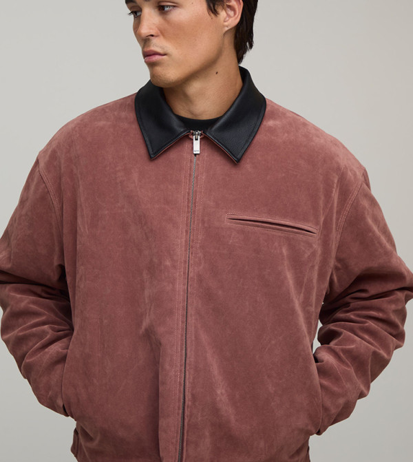 Contrast Collar Faux Suede Oversized Harrington Jacket