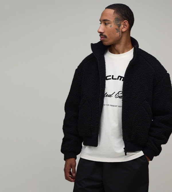 Chunky Borg Knit Ribbed Funnel Borg Boxy Fit Jacket