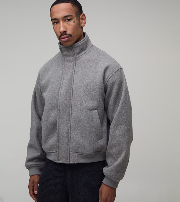 Regular Fit High Neck Melton Bomber Jacket