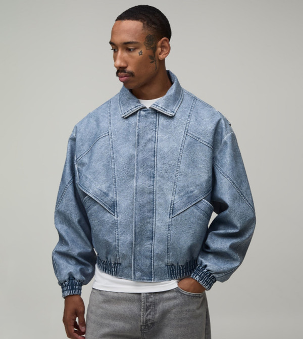 Washed PU Collared Bomber Jacket