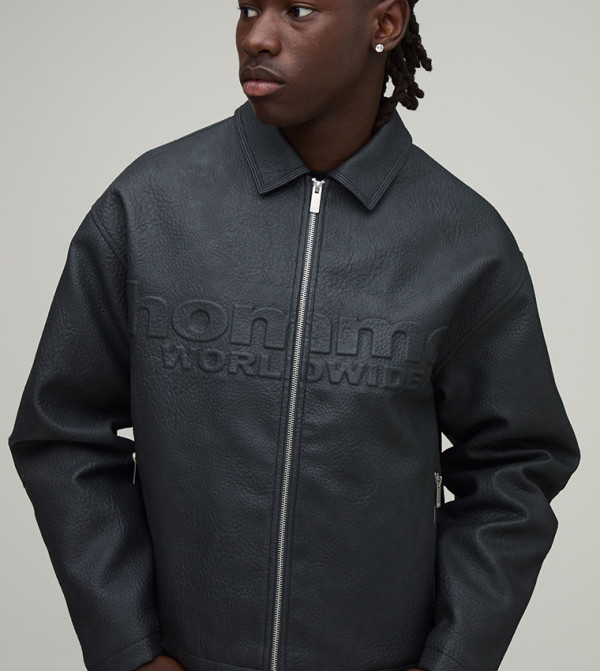 Embossed Homme PU Boxy Fit Harrington Jacket