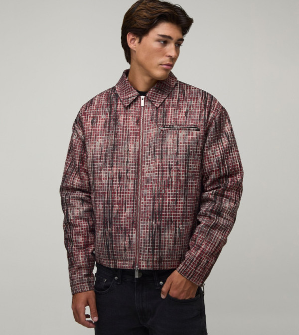 Distressed Check Boxy Fit Harrington Jacket