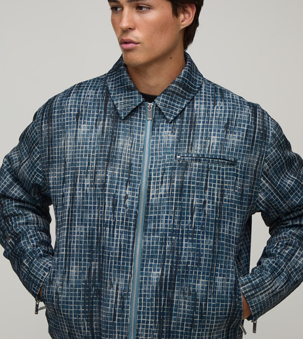 Distressed Check Boxy Fit Harrington Jacket