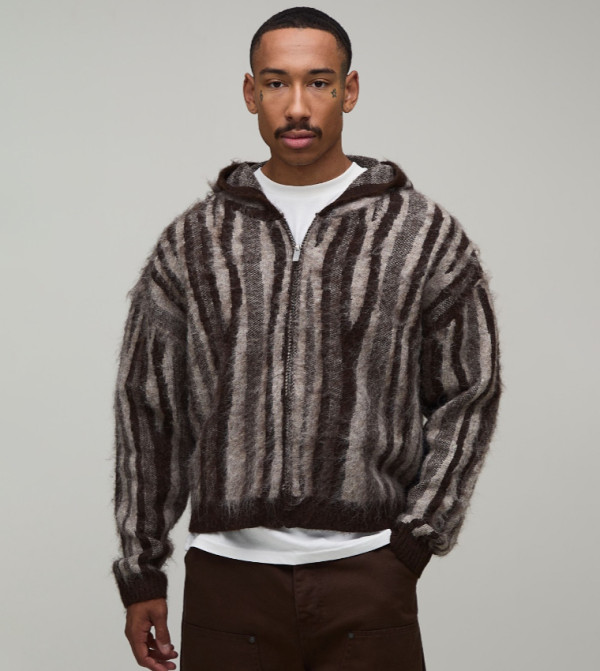 Relaxed Cropped Ombre Abstract Knitted Hooded Jacket