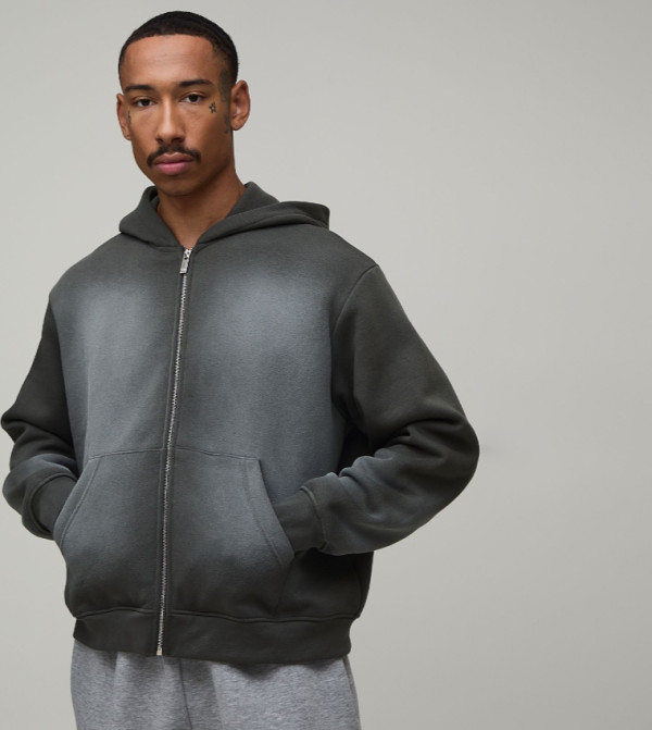 Spray Wash Zip Through Oversized Hooded Jacket