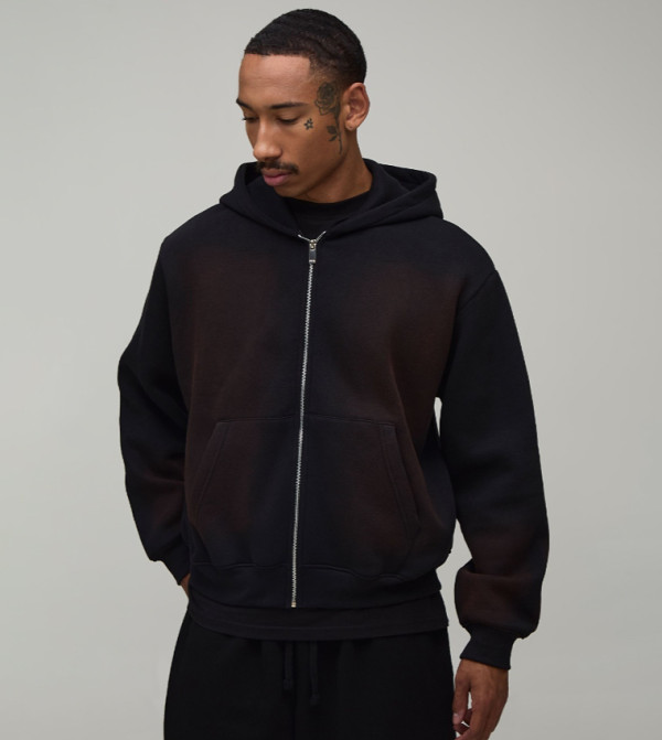 Spray Wash Zip Through Oversized Hooded Jacket