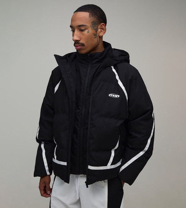 Faux Layer Tape Detail Regular Fit Hooded Puffer Jacket